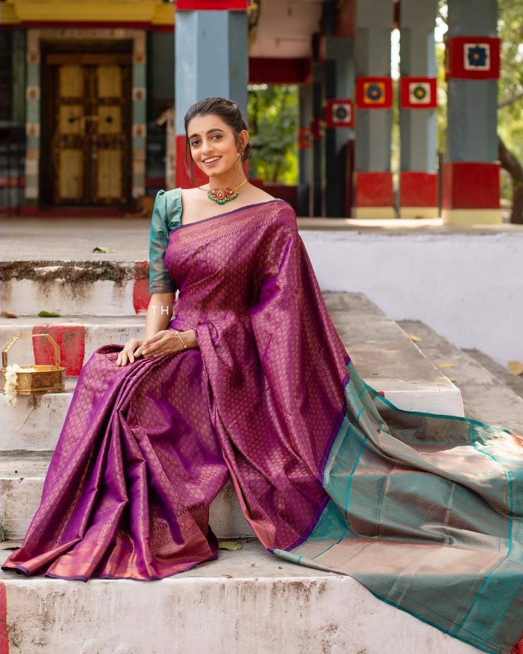 Magenta Lichi Silk Saree with Copper Zari Pallu
