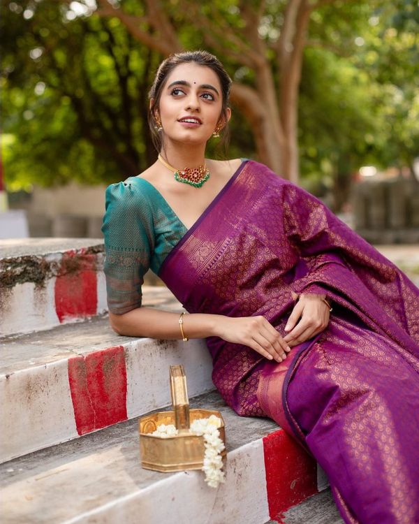 Magenta Lichi Silk Saree with Copper Zari Pallu