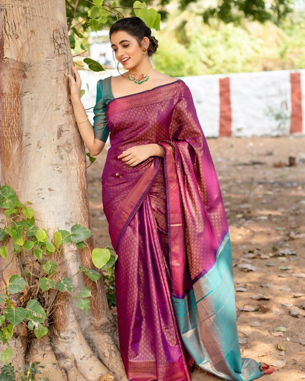 Magenta Lichi Silk Saree with Copper Zari Pallu