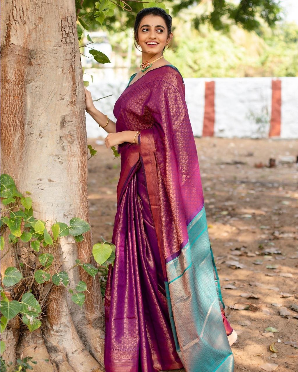 Magenta Lichi Silk Saree with Copper Zari Pallu