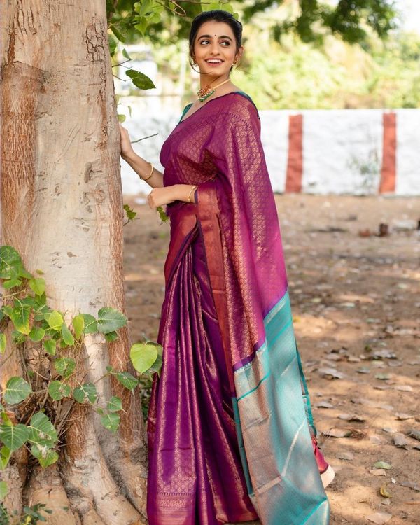 Magenta Lichi Silk Saree with Copper Zari Pallu