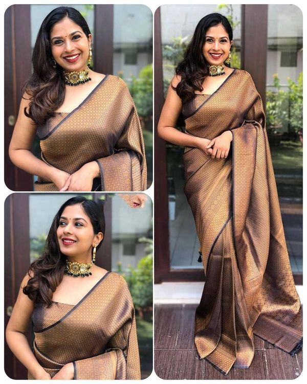 Brown Lichi Silk Saree with Rich Zari Weaving Pallu