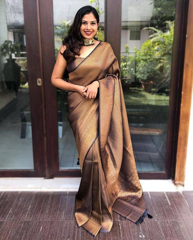 Brown Lichi Silk Saree with Rich Zari Weaving Pallu