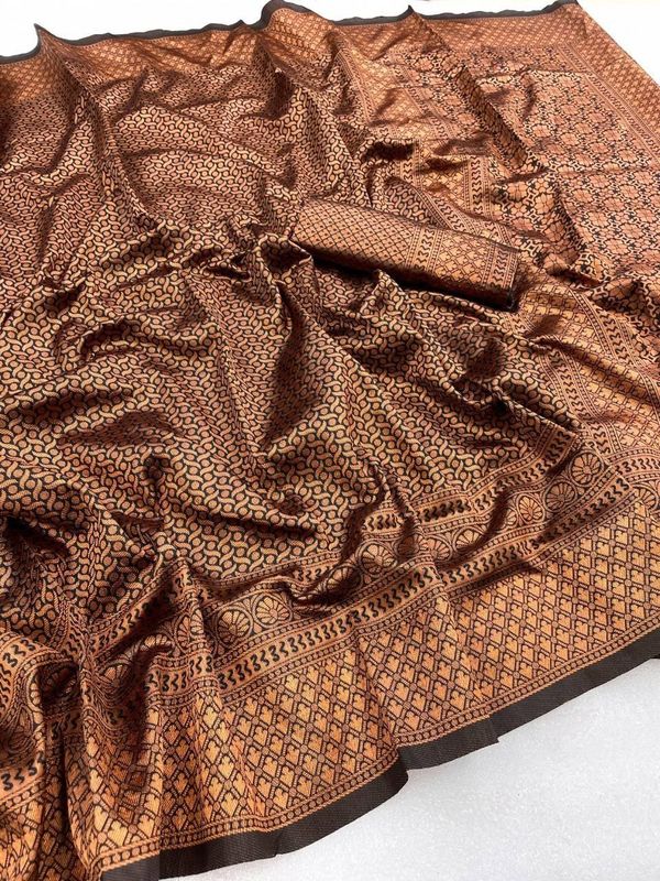 Brown Lichi Silk Saree with Rich Zari Weaving Pallu