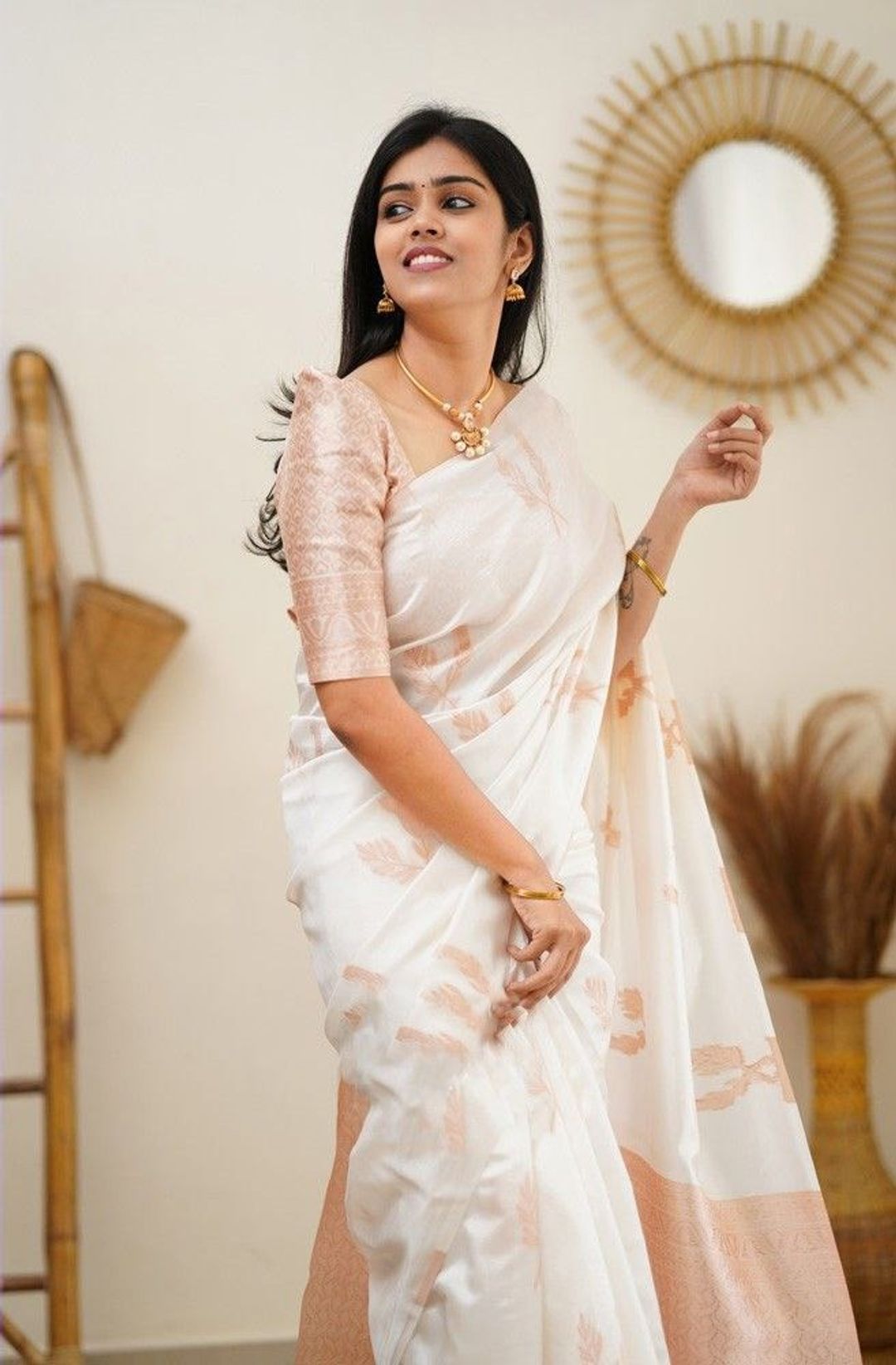 Cream Banarasi Lichi Silk Saree with Jacquard Border