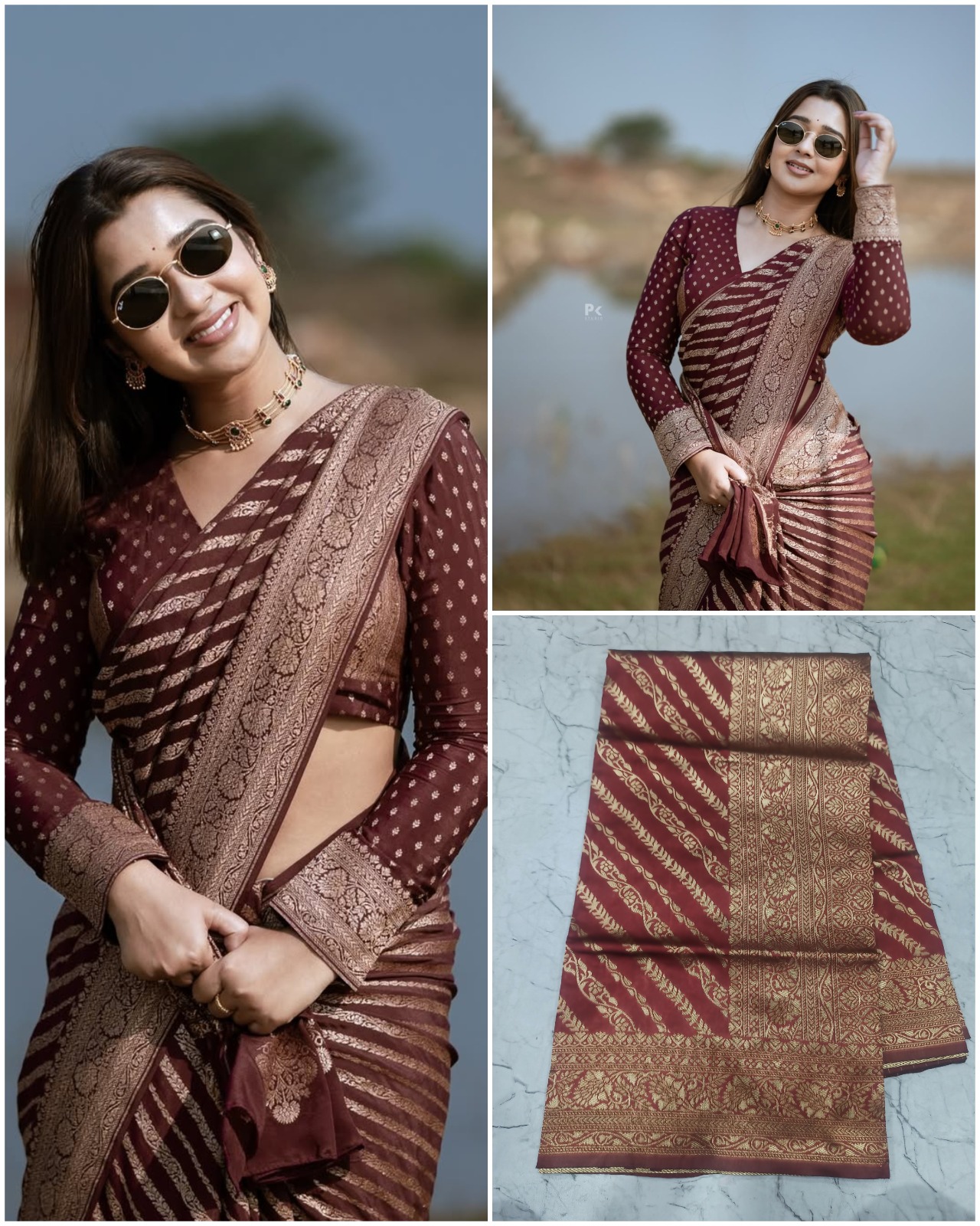 Maroon Banarasi Lichi Silk Saree with Zari Border