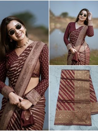 Maroon Banarasi Lichi Silk Saree with Zari Border