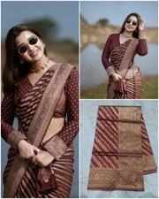 Maroon Banarasi Lichi Silk Saree with Zari Border - Maroon