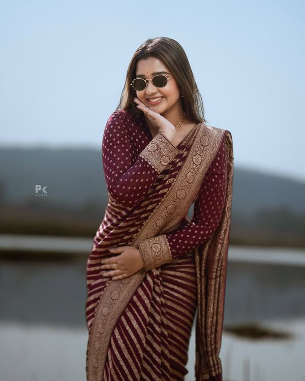 Maroon Banarasi Lichi Silk Saree with Zari Border