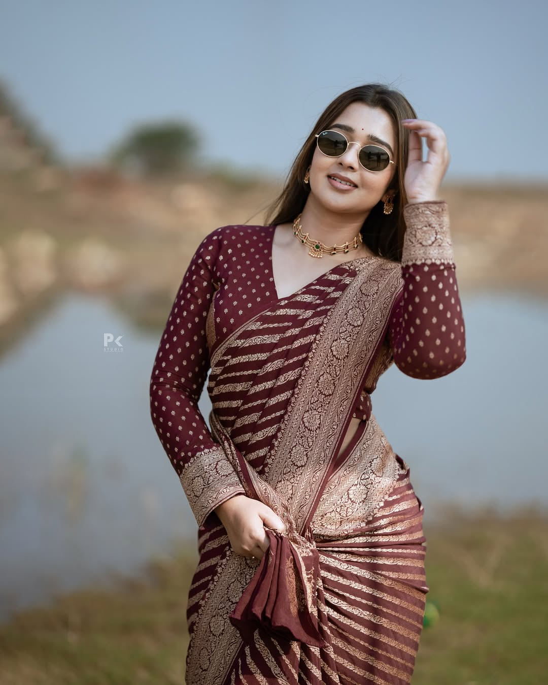 Maroon Banarasi Lichi Silk Saree with Zari Border