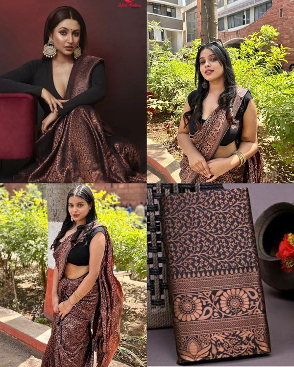 Black Copper Lichi Silk Saree with Rich Jacquard Work