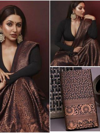 Black Copper Lichi Silk Saree with Rich Jacquard Work