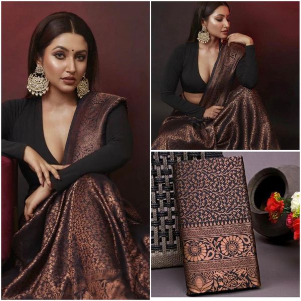 Black Copper Lichi Silk Saree with Rich Jacquard Work