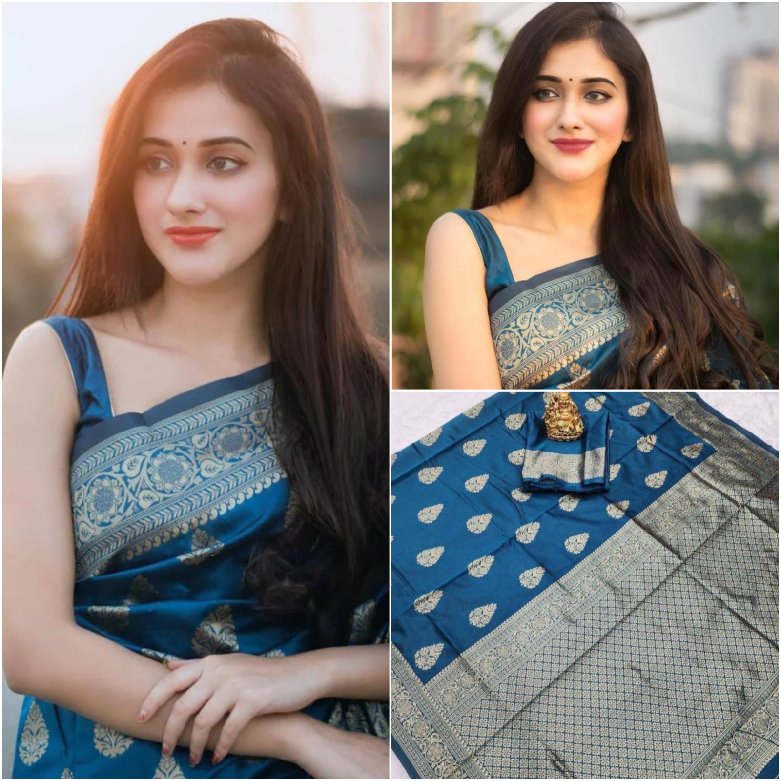 Teal Blue Lichi Silk Saree with Elegant Zari Border