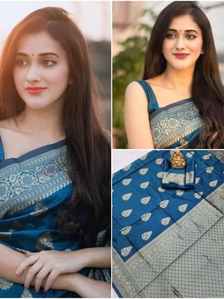 Teal Blue Lichi Silk Saree with Elegant Zari Border