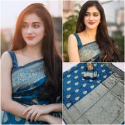 Teal Blue Lichi Silk Saree with Elegant Zari Border - Blue