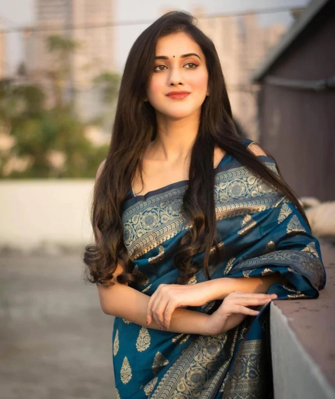Teal Blue Lichi Silk Saree with Elegant Zari Border