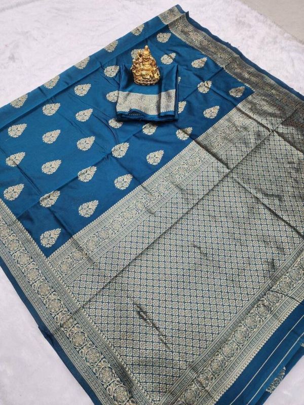 Teal Blue Lichi Silk Saree with Elegant Zari Border