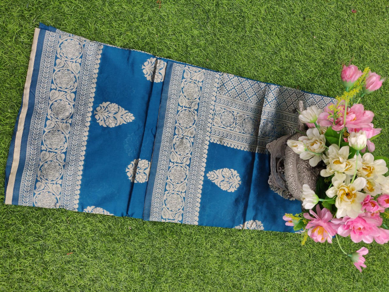 Teal Blue Lichi Silk Saree with Elegant Zari Border