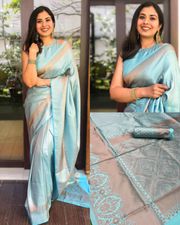 Pastel Aqua Lichi Silk Saree with Rich Jacquard Border - Blue