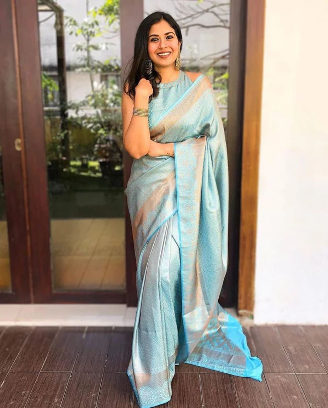 Pastel Aqua Lichi Silk Saree with Rich Jacquard Border