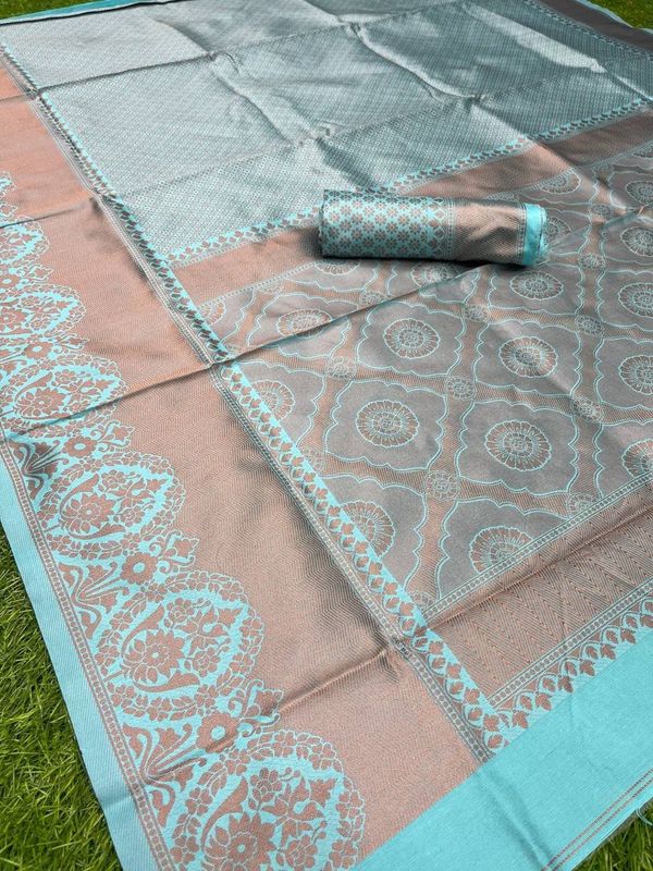 Pastel Aqua Lichi Silk Saree with Rich Jacquard Border
