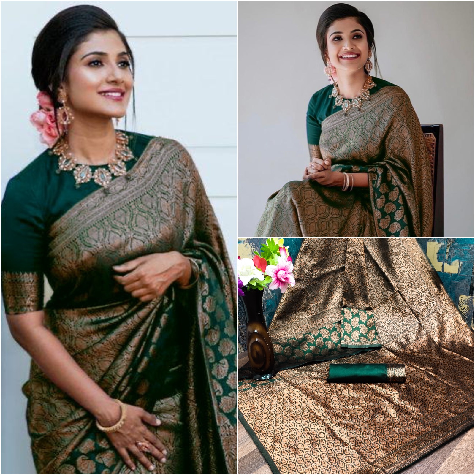 Dark Green Lichi Silk Saree with Rich Golden Jacquard