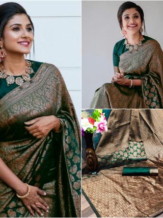 Dark Green Lichi Silk Saree with Rich Golden Jacquard