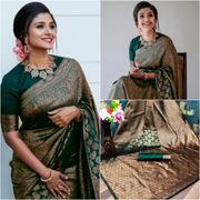 Dark Green Lichi Silk Saree with Rich Golden Jacquard - Green