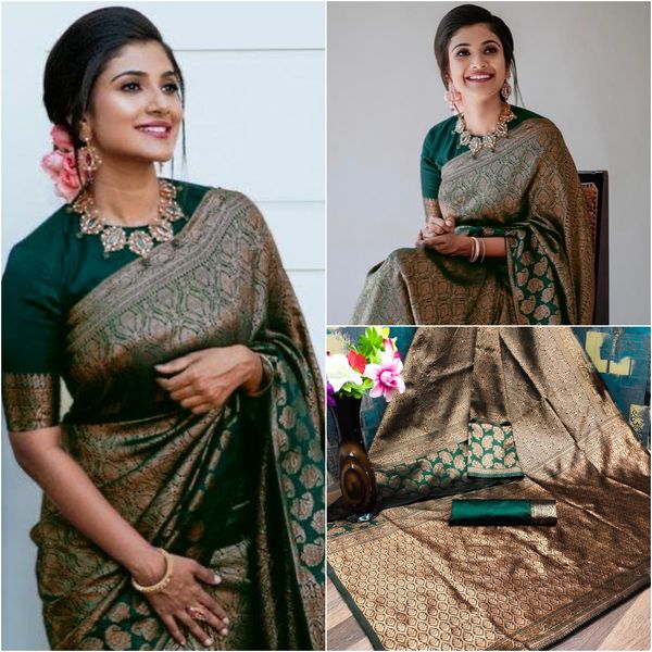 Dark Green Lichi Silk Saree with Rich Golden Jacquard