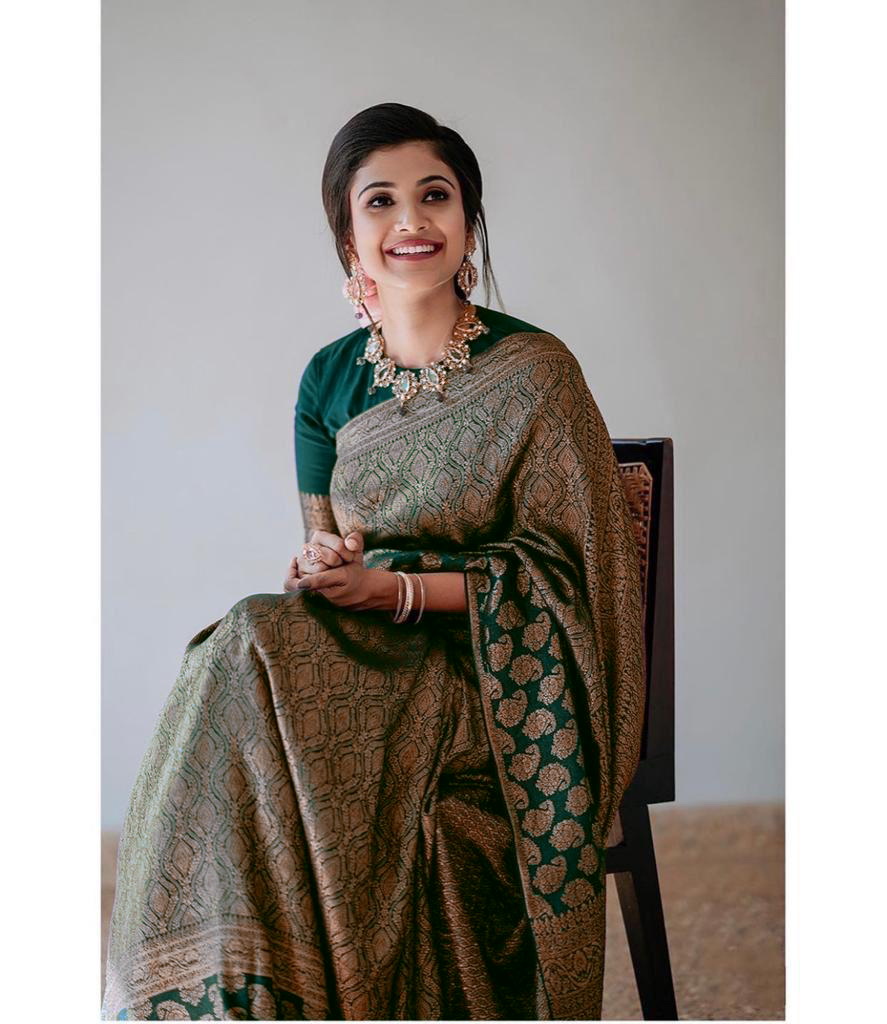 Dark Green Lichi Silk Saree with Rich Golden Jacquard