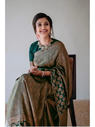 Dark Green Lichi Silk Saree with Rich Golden Jacquard