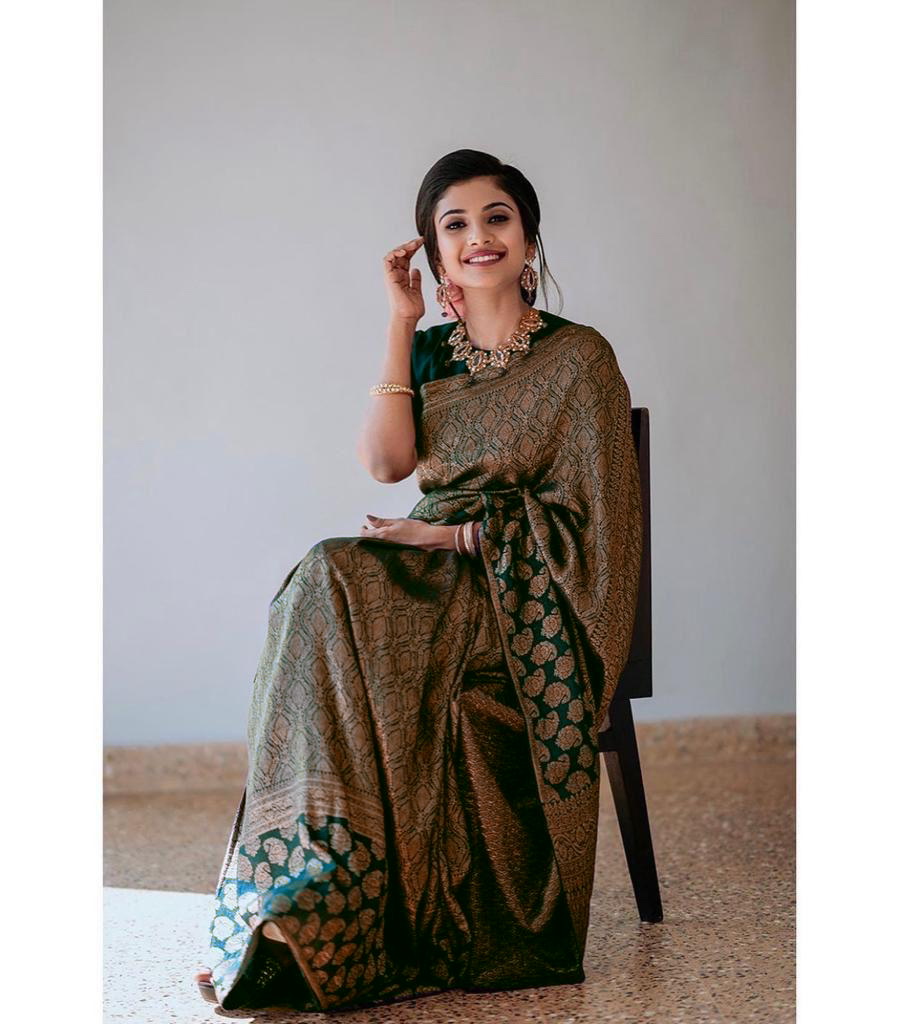 Dark Green Lichi Silk Saree with Rich Golden Jacquard