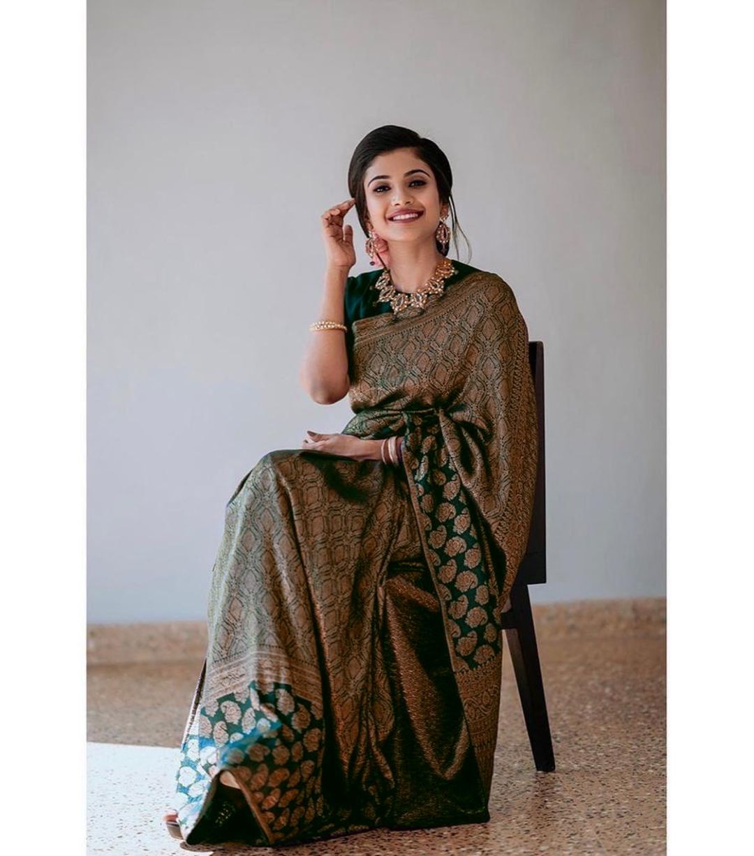 Dark Green Lichi Silk Saree with Rich Golden Jacquard