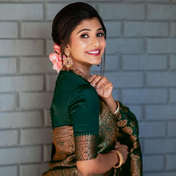 Dark Green Lichi Silk Saree with Rich Golden Jacquard