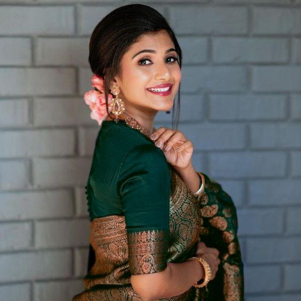 Dark Green Lichi Silk Saree with Rich Golden Jacquard