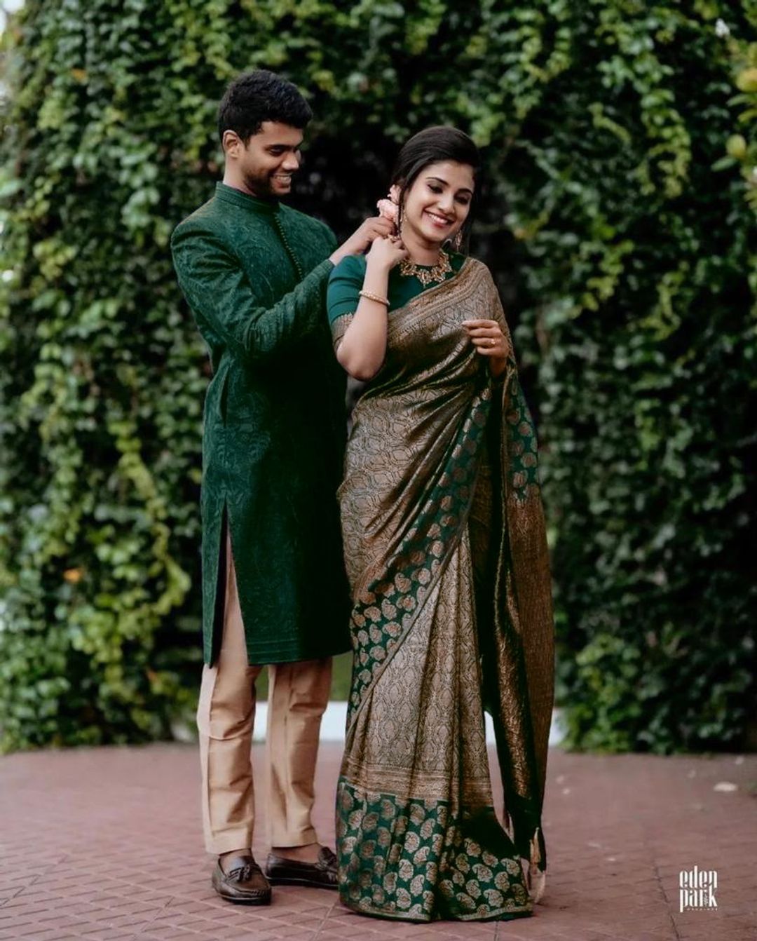 Dark Green Lichi Silk Saree with Rich Golden Jacquard