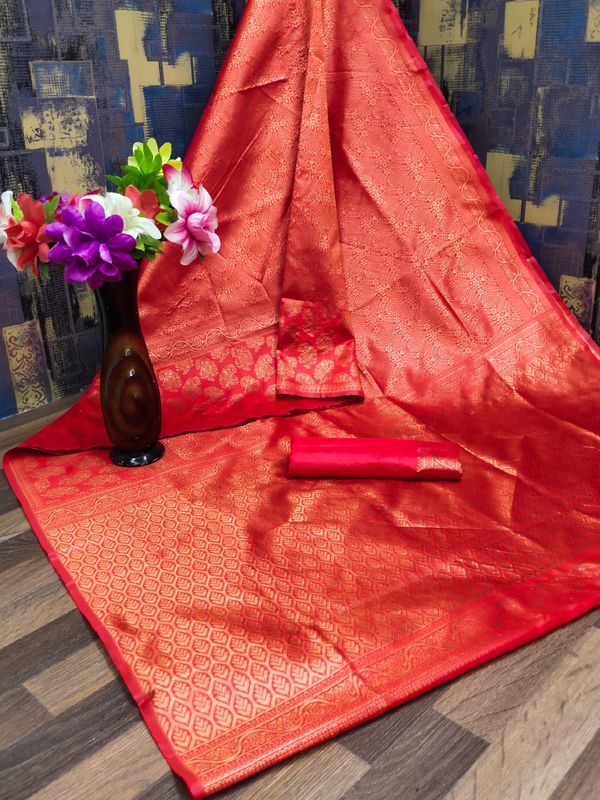 Red Lichi Silk Saree with Rich Golden Jacquard Work