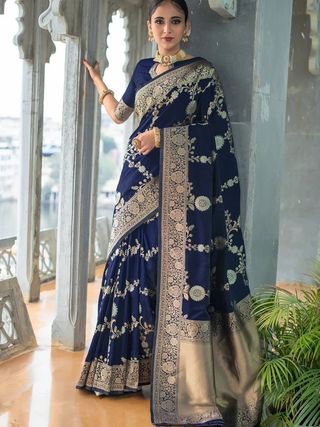 Navy Blue Lichi Silk Saree with Rich Golden Zari Work