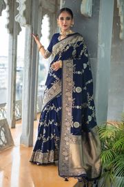 Navy Blue Lichi Silk Saree with Rich Golden Zari Work - Navy