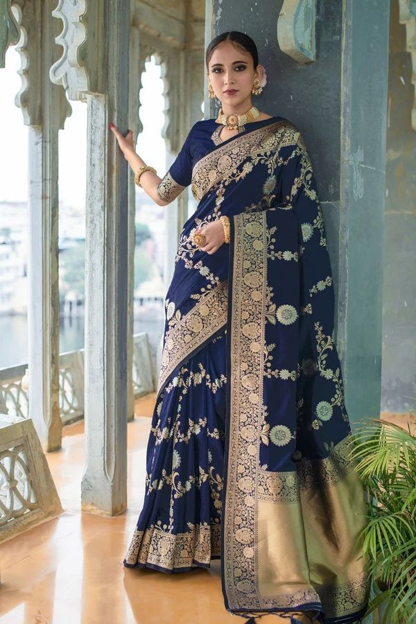 Navy Blue Lichi Silk Saree with Rich Golden Zari Work