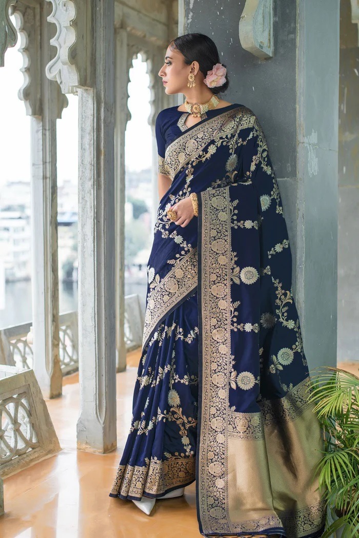 Navy Blue Lichi Silk Saree with Rich Golden Zari Work