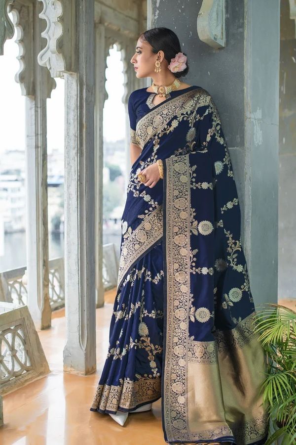 Navy Blue Lichi Silk Saree with Rich Golden Zari Work