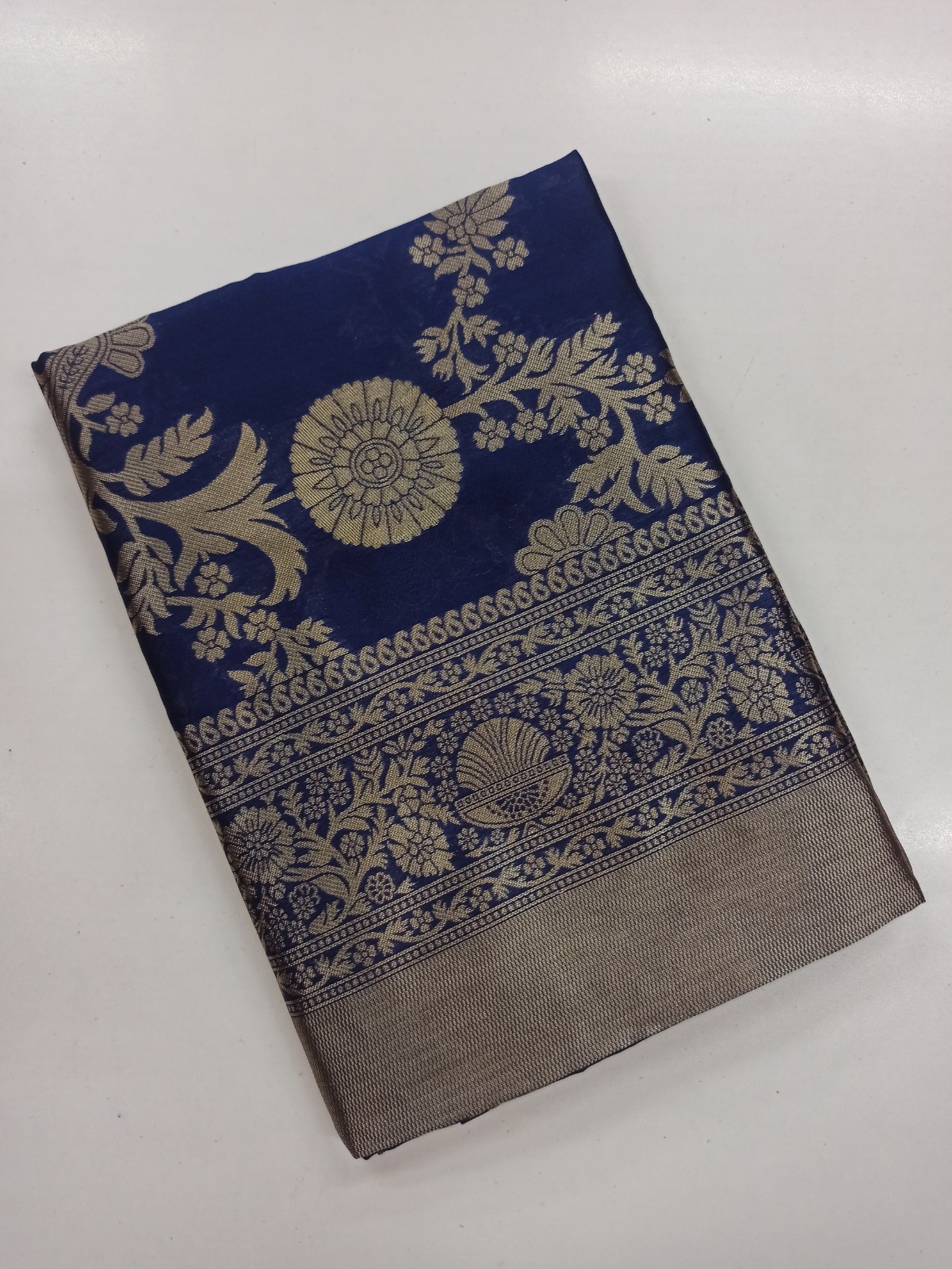 Navy Blue Lichi Silk Saree with Rich Golden Zari Work