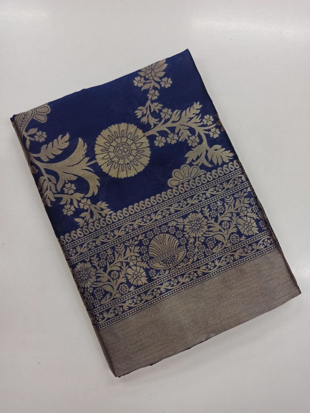 Navy Blue Lichi Silk Saree with Rich Golden Zari Work
