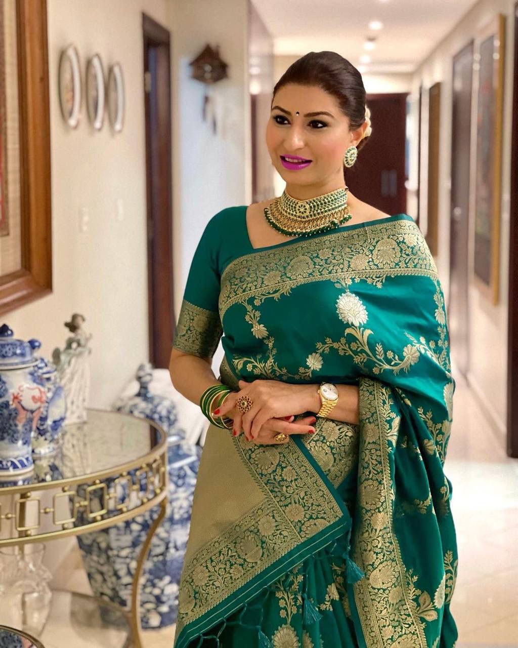 Emerald Green Lichi Silk Saree with Rich Golden Zari