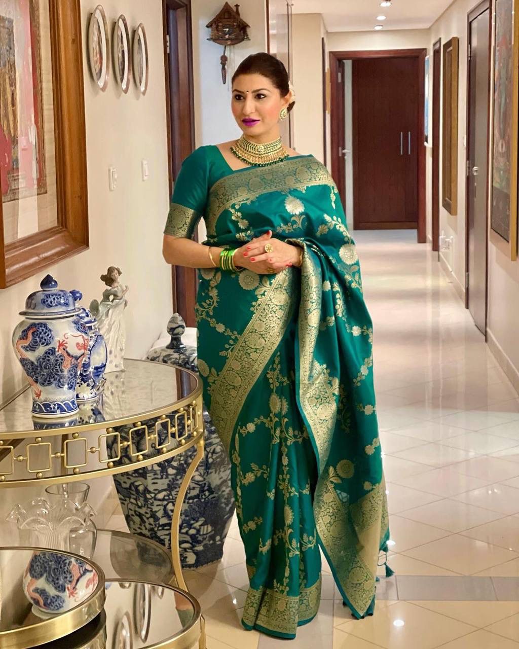 Emerald Green Lichi Silk Saree with Rich Golden Zari