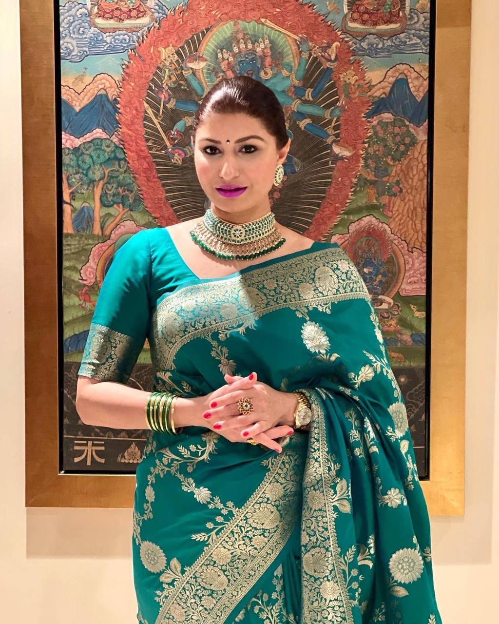 Emerald Green Lichi Silk Saree with Rich Golden Zari