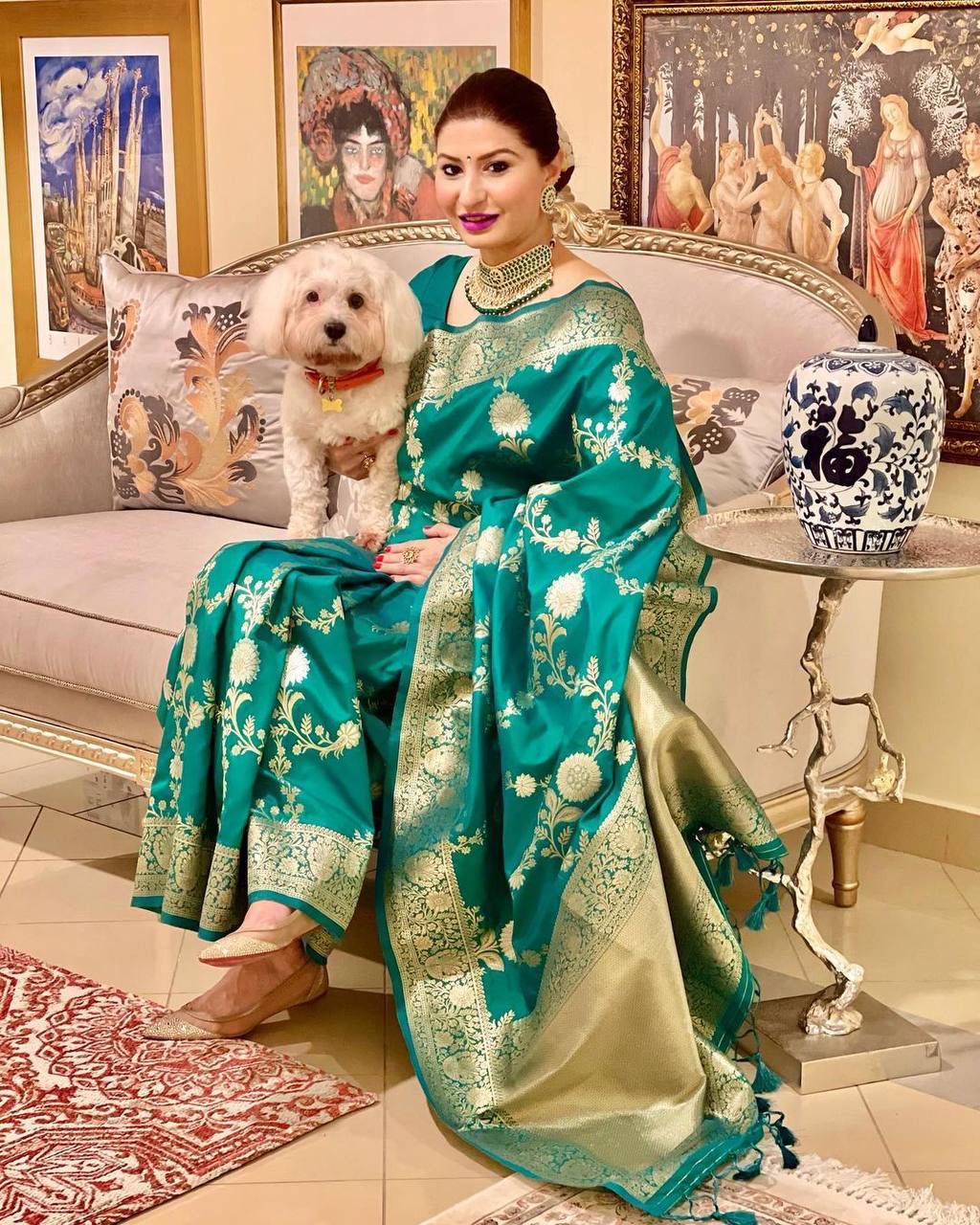 Emerald Green Lichi Silk Saree with Rich Golden Zari