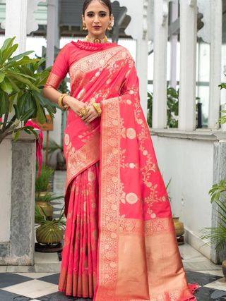 Coral Red Lichi Silk Saree with Rich Golden Zari Work